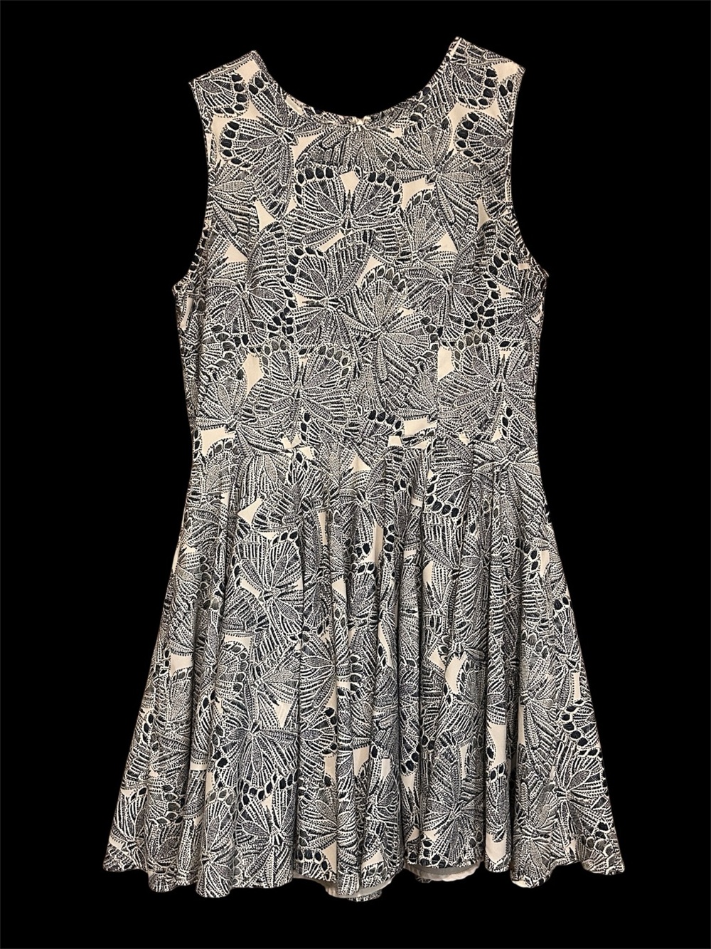 Sleeveless Black and White Butterfly Print Fit-and-Flare Dress